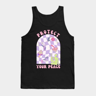 Protect Your Peace - Funky Hippie Design with Mushrooms and Flowers Tank Top